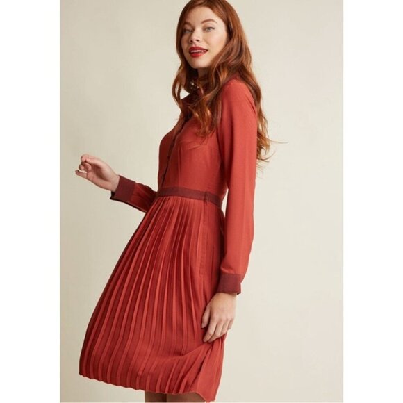 ModCloth Just My Typist Long Sleeve Shirt Dress In Brick pleated skirt sz XXS - Picture 2 of 15